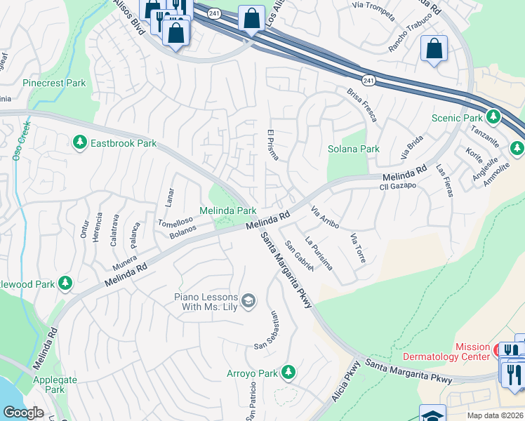 map of restaurants, bars, coffee shops, grocery stores, and more near 2 Via Madera in Rancho Santa Margarita