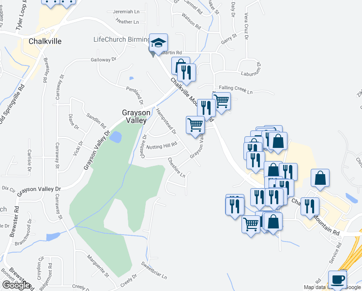 map of restaurants, bars, coffee shops, grocery stores, and more near 2511 Hampstead Drive in Birmingham