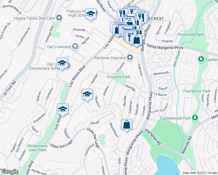 map of restaurants, bars, coffee shops, grocery stores, and more near 21822 Jinetes in Mission Viejo