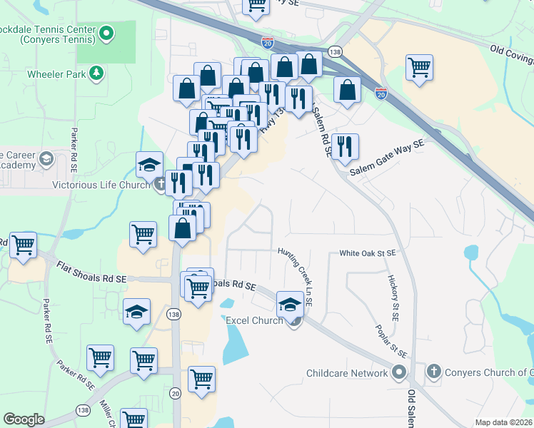 map of restaurants, bars, coffee shops, grocery stores, and more near 1676 Winchester Way Southeast in Conyers
