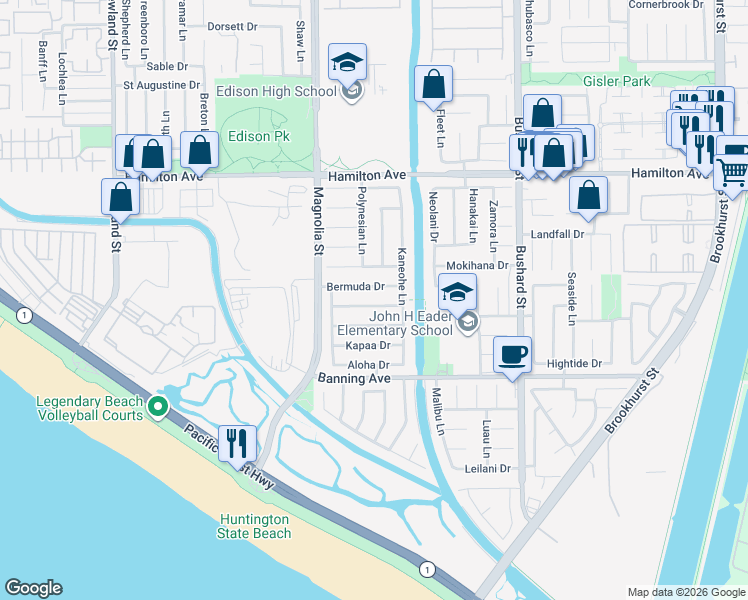 map of restaurants, bars, coffee shops, grocery stores, and more near 9112 Bermuda Drive in Huntington Beach