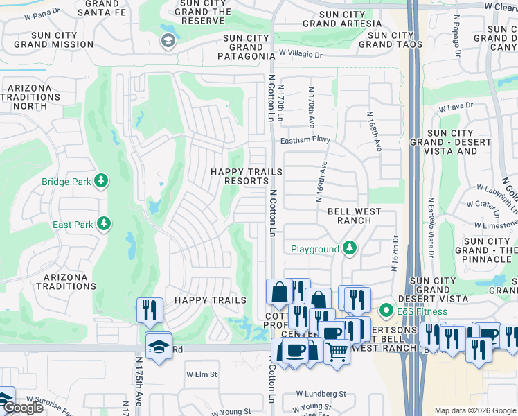 map of restaurants, bars, coffee shops, grocery stores, and more near 17101-17199 West Cool Water in Surprise