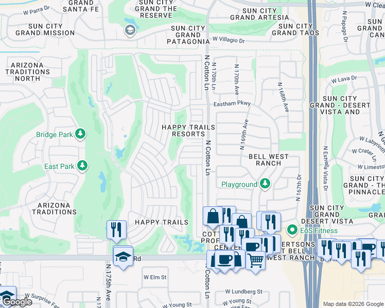 map of restaurants, bars, coffee shops, grocery stores, and more near 17101-17199 West Cool Water in Surprise