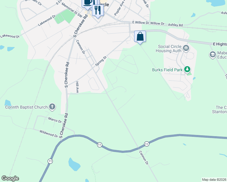 map of restaurants, bars, coffee shops, grocery stores, and more near 129 Cane Avenue in Social Circle
