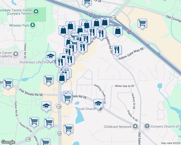 map of restaurants, bars, coffee shops, grocery stores, and more near 1653 Winchester Way Southeast in Conyers