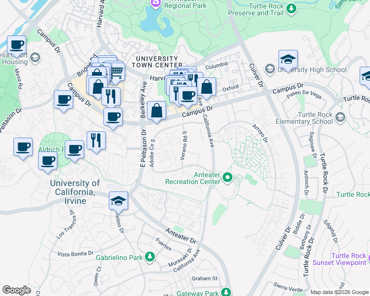 map of restaurants, bars, coffee shops, grocery stores, and more near 70000 Verano Road South in Irvine