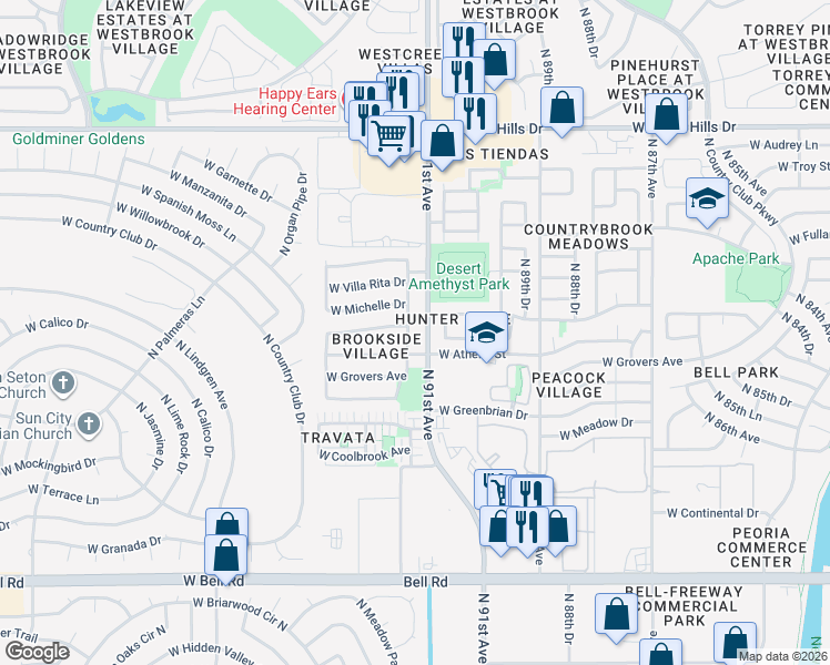 map of restaurants, bars, coffee shops, grocery stores, and more near 17941 North 91st Drive in Peoria
