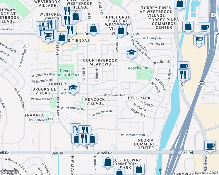 map of restaurants, bars, coffee shops, grocery stores, and more near 8751 West Charleston Avenue in Peoria