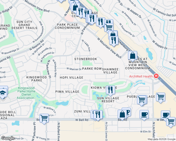 map of restaurants, bars, coffee shops, grocery stores, and more near 14398 West Marcus Drive in Surprise