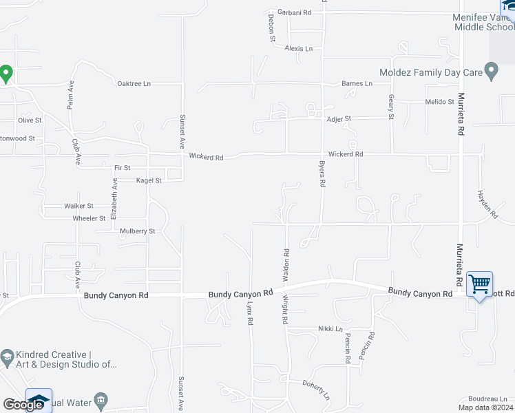 map of restaurants, bars, coffee shops, grocery stores, and more near 25340 Waldon Road in Menifee