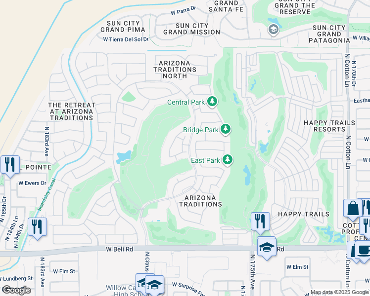 map of restaurants, bars, coffee shops, grocery stores, and more near 17789 West Brown Drive in Surprise
