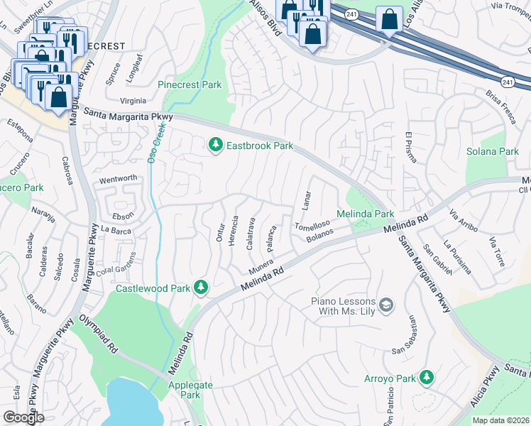 map of restaurants, bars, coffee shops, grocery stores, and more near 21761 Calatrava in Mission Viejo