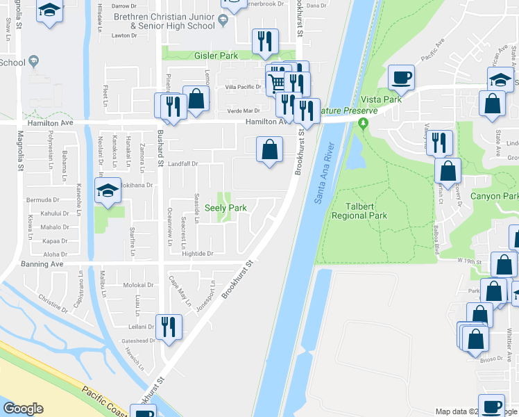 map of restaurants, bars, coffee shops, grocery stores, and more near 9922 Oceancrest Drive in Huntington Beach
