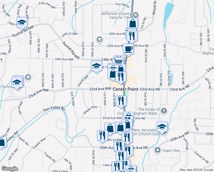 map of restaurants, bars, coffee shops, grocery stores, and more near 2314 Raintree Court in Center Point