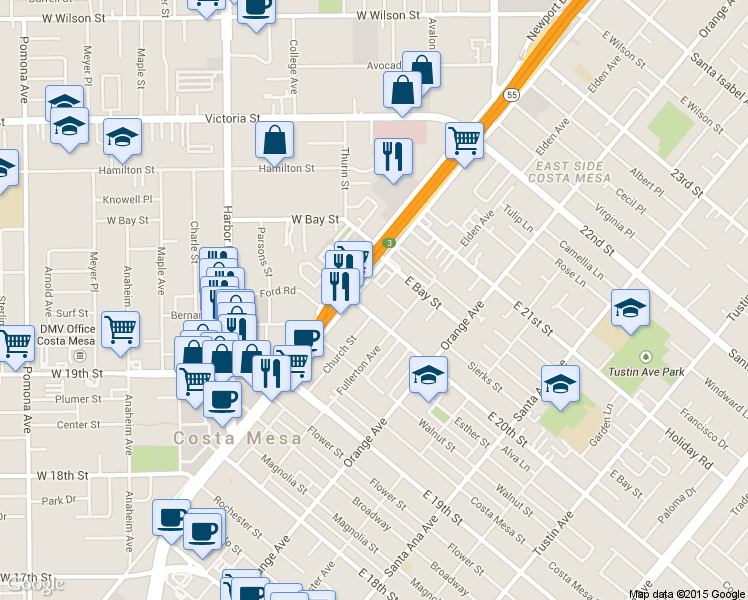 map of restaurants, bars, coffee shops, grocery stores, and more near 2000 Newport Boulevard in Costa Mesa