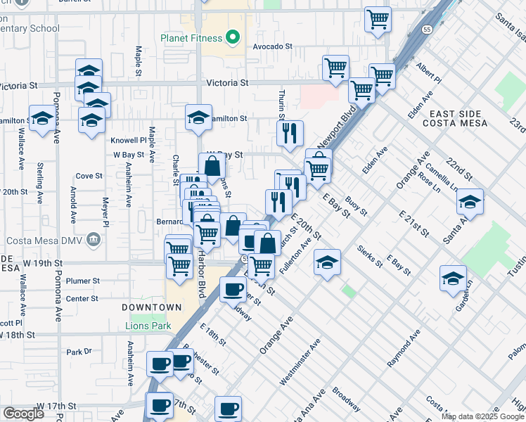 map of restaurants, bars, coffee shops, grocery stores, and more near 1967 Newport Boulevard in Costa Mesa