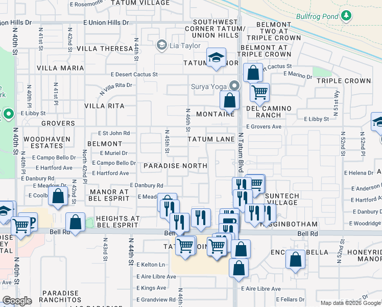 map of restaurants, bars, coffee shops, grocery stores, and more near 4617 East Angela Drive in Phoenix