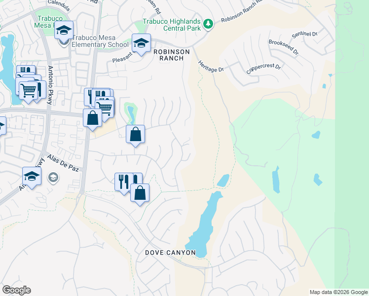 map of restaurants, bars, coffee shops, grocery stores, and more near 32276 Vía Del Nido in Trabuco Canyon