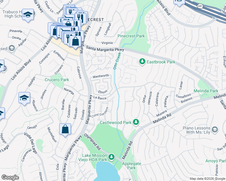 map of restaurants, bars, coffee shops, grocery stores, and more near 21751 Darrowby in Mission Viejo