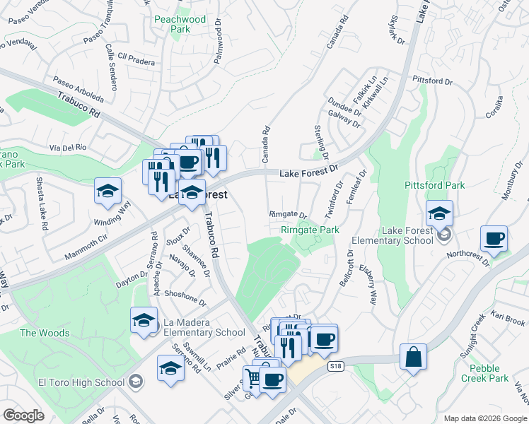 map of restaurants, bars, coffee shops, grocery stores, and more near 21755 Newvale Drive in Lake Forest