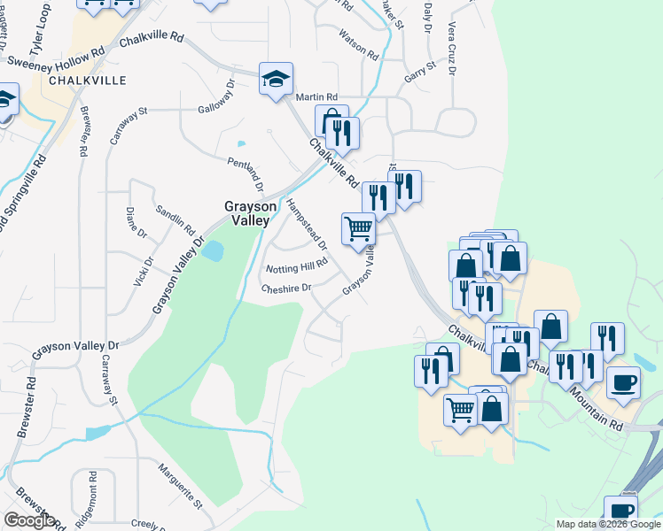 map of restaurants, bars, coffee shops, grocery stores, and more near 2494 Hampstead Drive in Birmingham