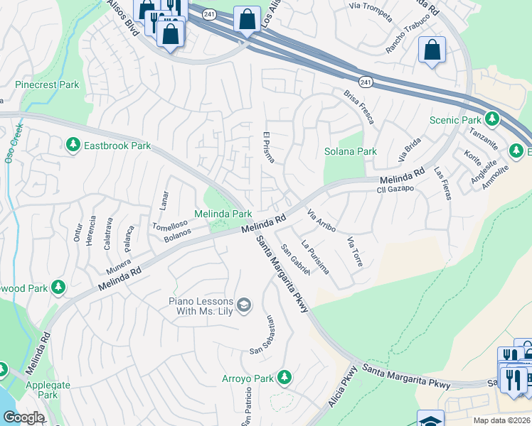 map of restaurants, bars, coffee shops, grocery stores, and more near 33 Via Madera in Rancho Santa Margarita