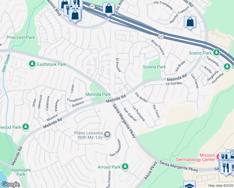 map of restaurants, bars, coffee shops, grocery stores, and more near 2 Via Madera in Rancho Santa Margarita
