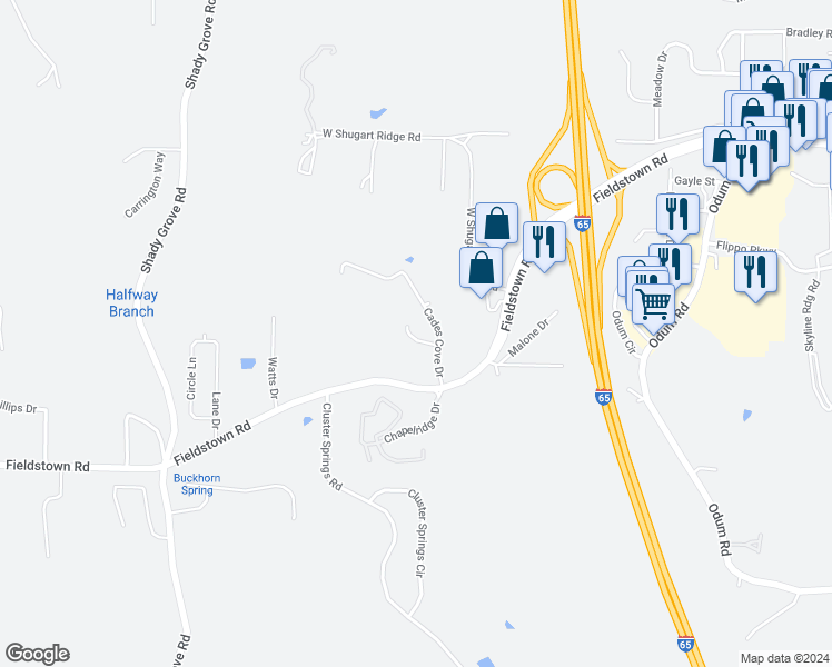 map of restaurants, bars, coffee shops, grocery stores, and more near 424 Creekview Circle in Gardendale