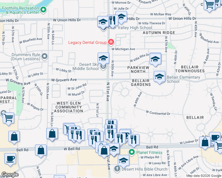 map of restaurants, bars, coffee shops, grocery stores, and more near 17614 North Lindner Drive in Glendale