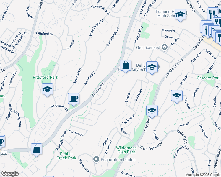 map of restaurants, bars, coffee shops, grocery stores, and more near 21871 Raintree Lane in Lake Forest