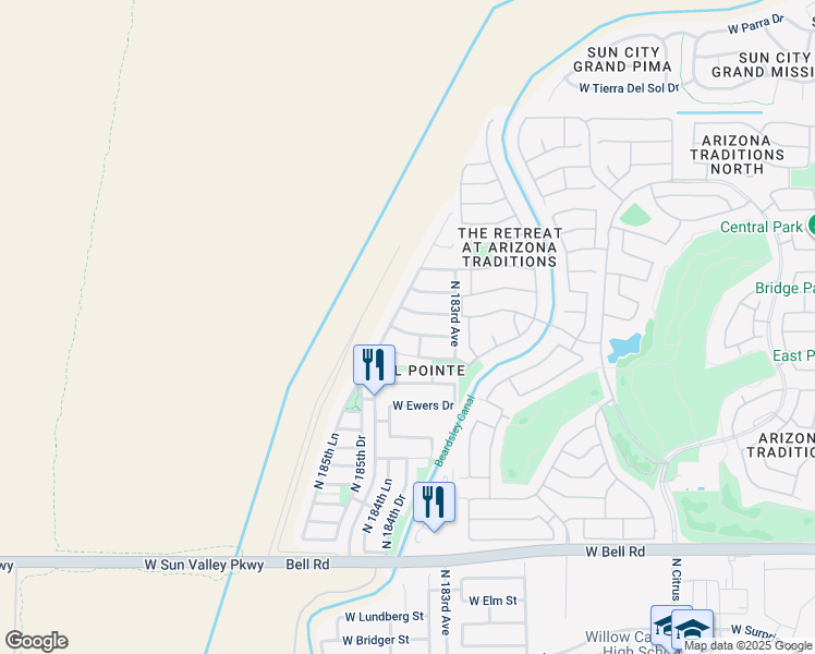 map of restaurants, bars, coffee shops, grocery stores, and more near 18436 West Arcadia Drive in Surprise