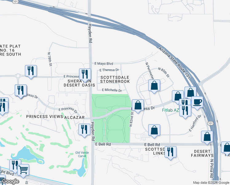map of restaurants, bars, coffee shops, grocery stores, and more near 8164 East Michelle Drive in Scottsdale