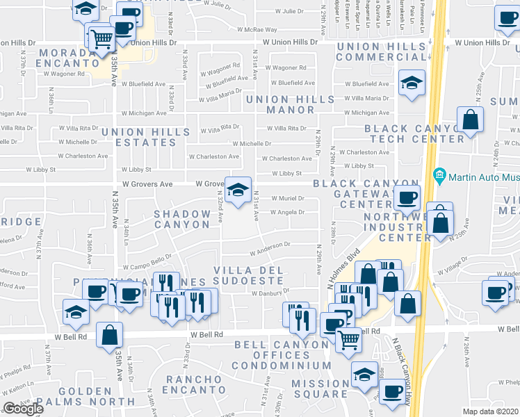 map of restaurants, bars, coffee shops, grocery stores, and more near 3033 West Muriel Drive in Phoenix