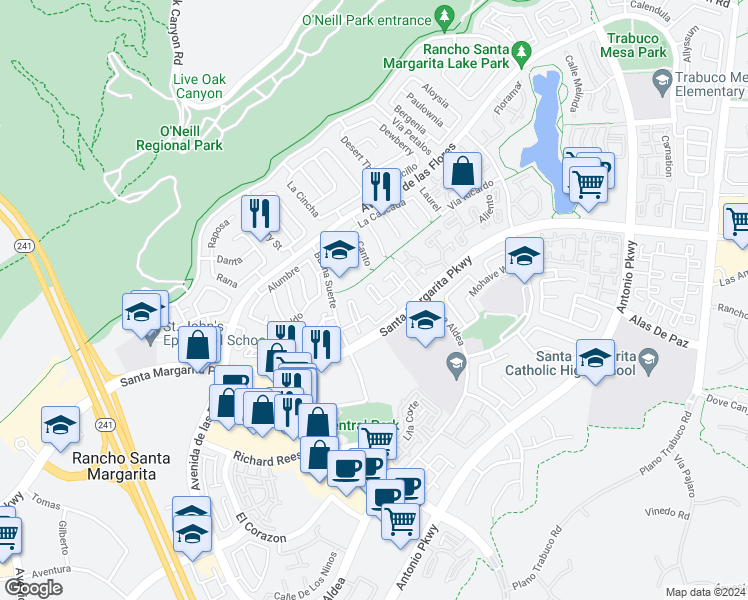 map of restaurants, bars, coffee shops, grocery stores, and more near 7 De Lila in Rancho Santa Margarita