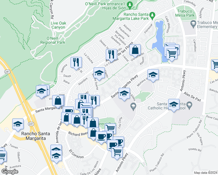 map of restaurants, bars, coffee shops, grocery stores, and more near 7 De Lila in Rancho Santa Margarita
