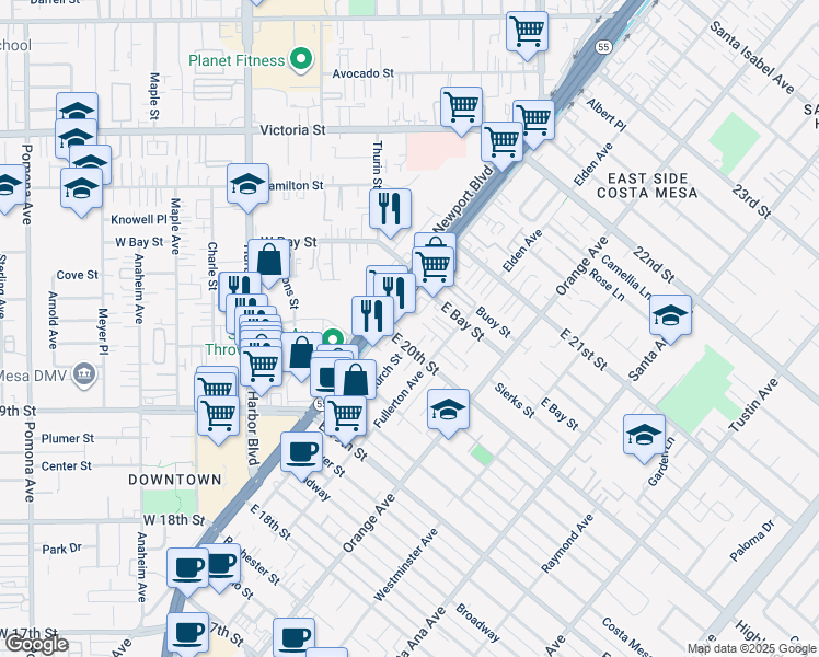 map of restaurants, bars, coffee shops, grocery stores, and more near 2016 Newport Boulevard in Costa Mesa