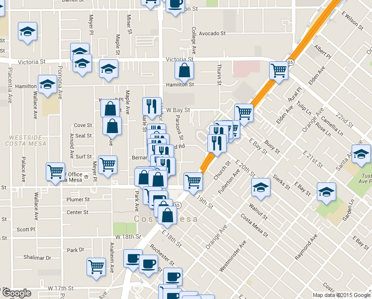 map of restaurants, bars, coffee shops, grocery stores, and more near 412 Ford Road in Costa Mesa