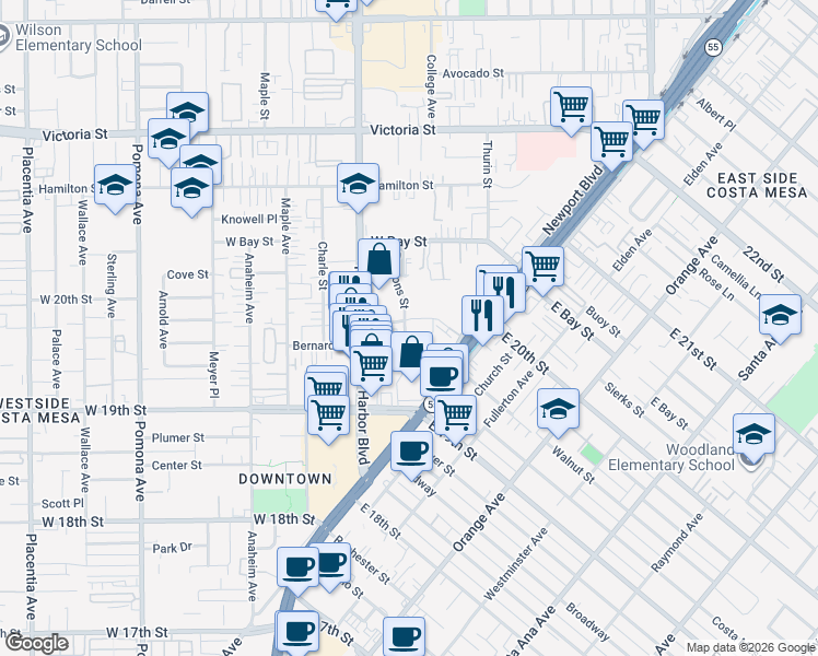 map of restaurants, bars, coffee shops, grocery stores, and more near 412 Ford Road in Costa Mesa