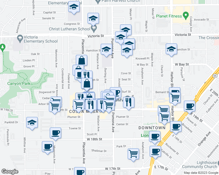 map of restaurants, bars, coffee shops, grocery stores, and more near 1985 Sterling Avenue in Costa Mesa