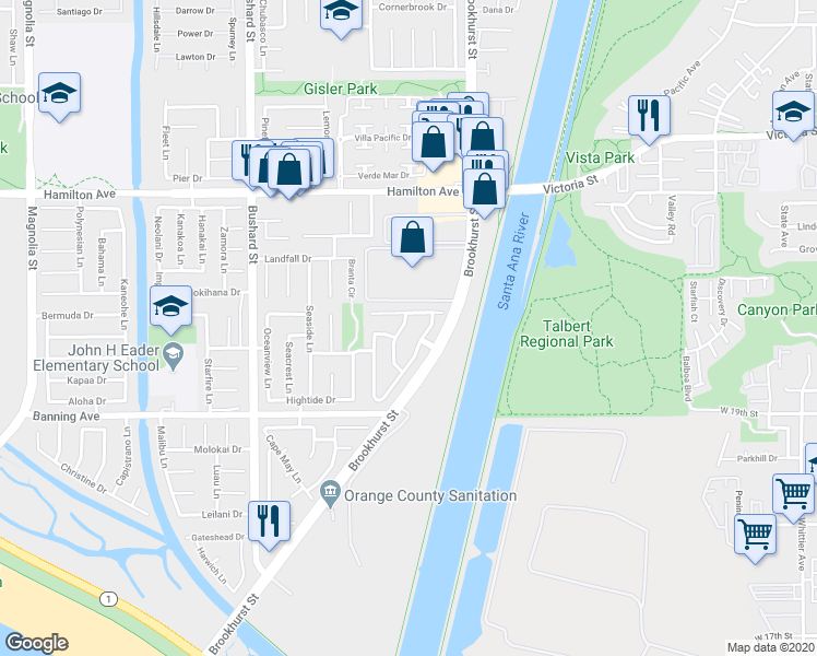 map of restaurants, bars, coffee shops, grocery stores, and more near 9922 Oceancrest Drive in Huntington Beach