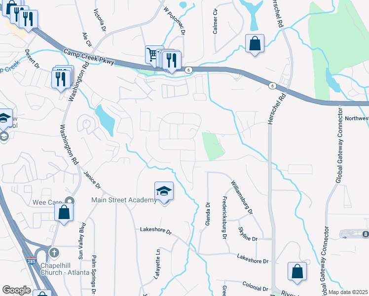 map of restaurants, bars, coffee shops, grocery stores, and more near 2760 Aralynn Way in College Park