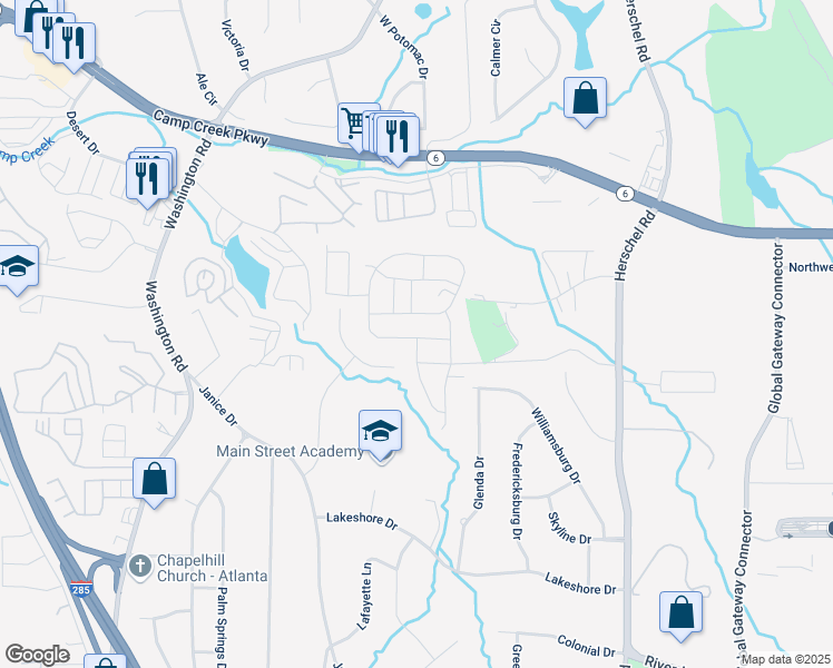 map of restaurants, bars, coffee shops, grocery stores, and more near 2766 Aralynn Way in College Park