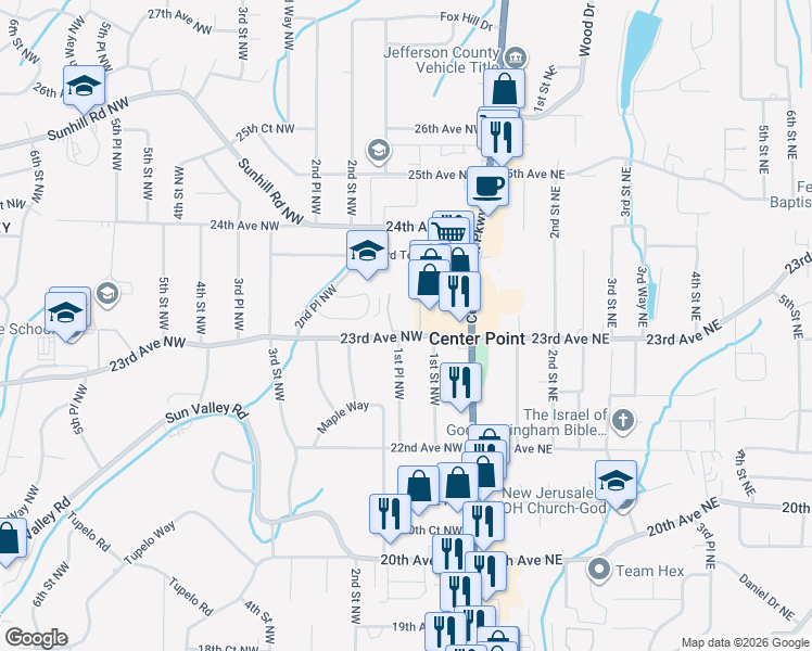 map of restaurants, bars, coffee shops, grocery stores, and more near 2314 Raintree Court in Center Point