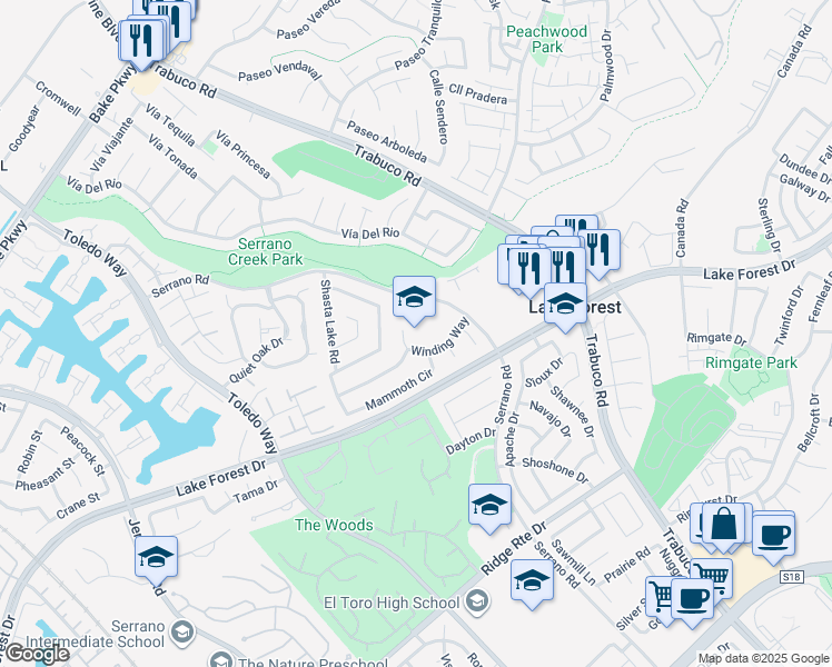 map of restaurants, bars, coffee shops, grocery stores, and more near 21801 Winding Way in Lake Forest