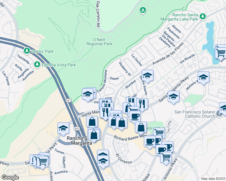 map of restaurants, bars, coffee shops, grocery stores, and more near 33 Morning Glory in Rancho Santa Margarita