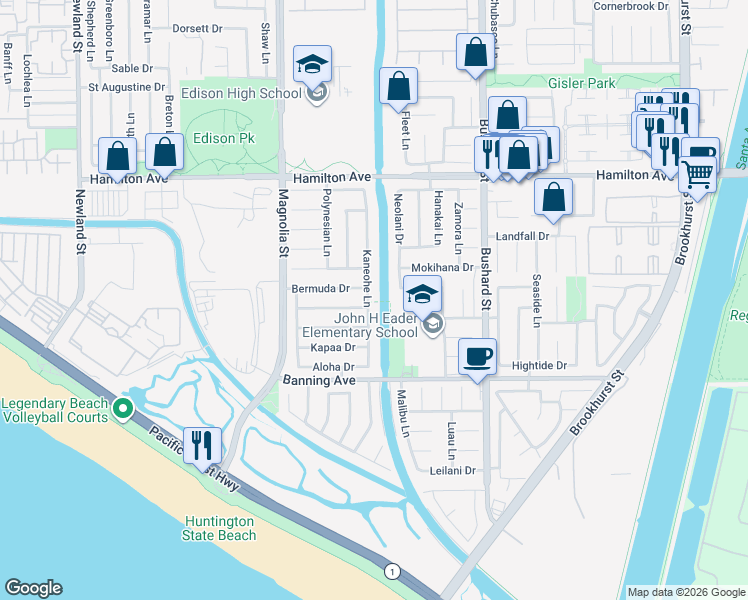 map of restaurants, bars, coffee shops, grocery stores, and more near 21792 Kaneohe Lane in Huntington Beach