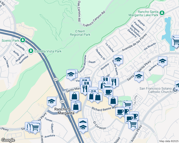map of restaurants, bars, coffee shops, grocery stores, and more near 33 Morning Glory in Rancho Santa Margarita