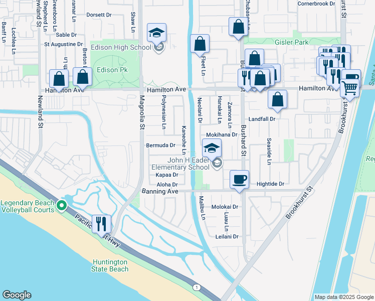 map of restaurants, bars, coffee shops, grocery stores, and more near 21792 Kaneohe Lane in Huntington Beach