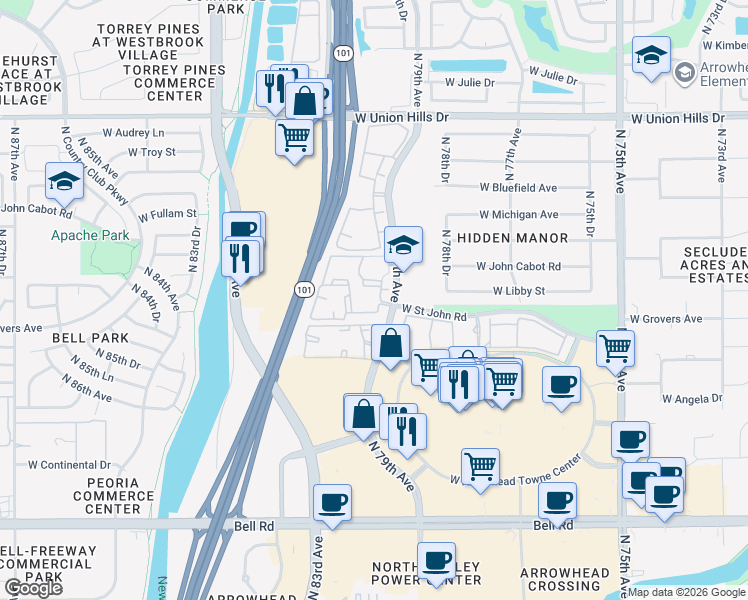 map of restaurants, bars, coffee shops, grocery stores, and more near 17722 North 79th Avenue in Glendale