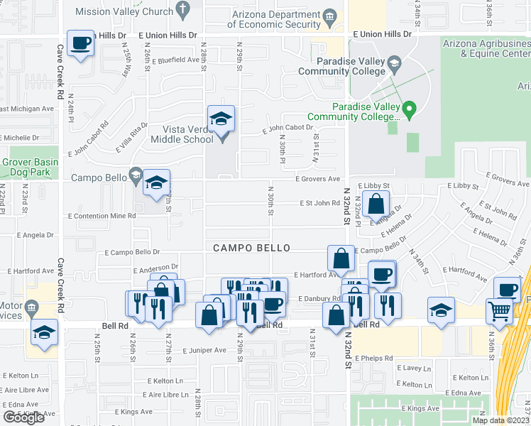 map of restaurants, bars, coffee shops, grocery stores, and more near 17650 North 30th Street in Phoenix